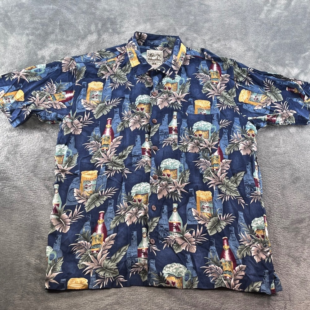 Steve & Barrys Classic Hawaiian Shirt Mens Large Navy Blue Beer Tropical Rayon